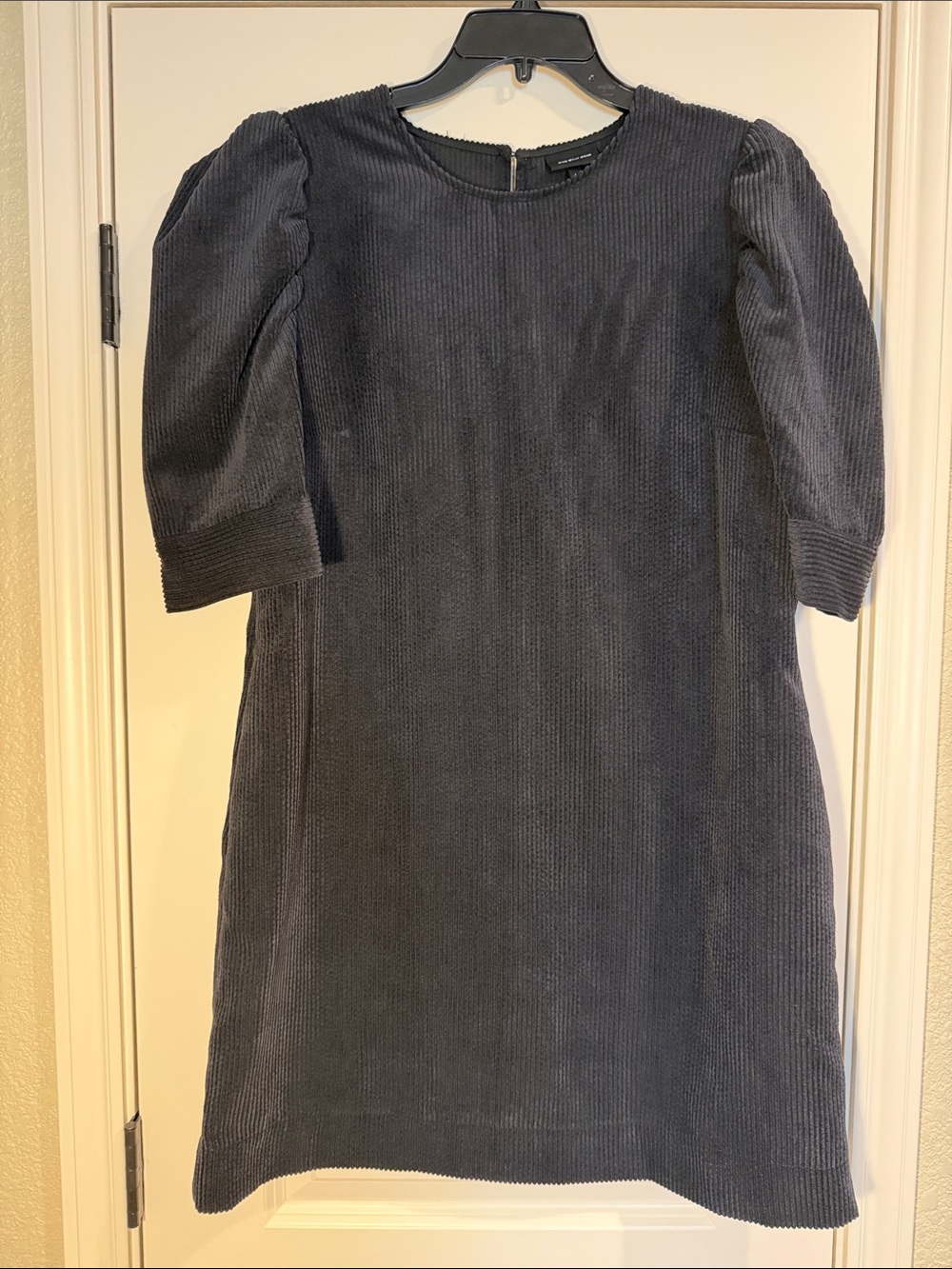 Black Corduroy Mini Dress with Puff Sleeves and Pockets by Who What Wear